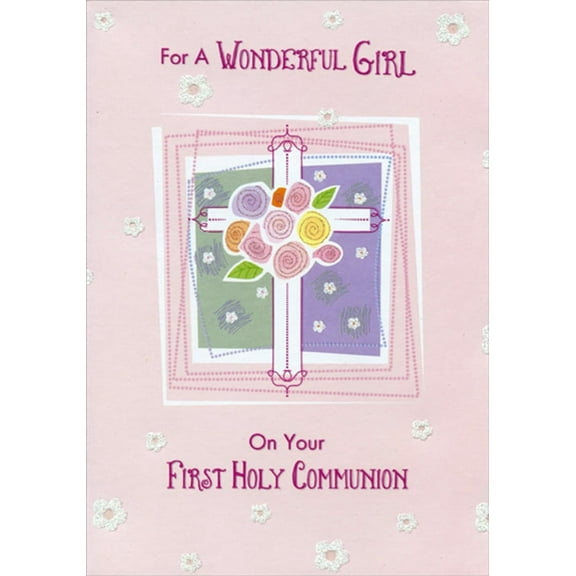 Designer Greetings Drawn Pink Cross and Flowers 1st / First Communion Card for Girl
