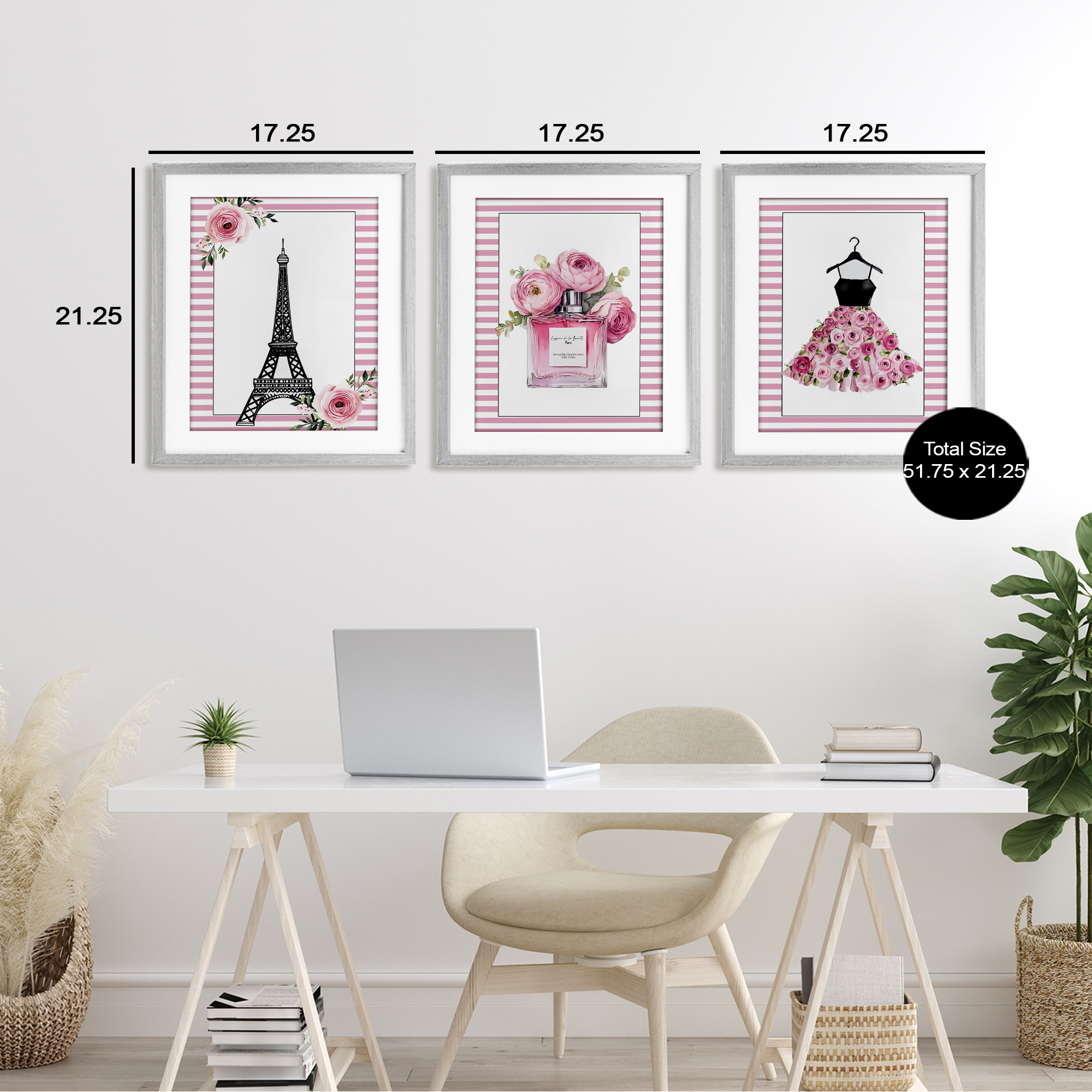Parisian Glam with Stripes 3 Piece Gray Framed Print Under Glass Set, design by Christine Simpson Art