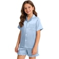 thumbnail image 2 of Xudanell 1-6Y Toddler Girls Floral Silk Pajamas Short Sleeve Button-Up Top Shorts Summer 2PC Flowers Satin Pajamas Set (13-14 Years,Light Blue), 2 of 4
