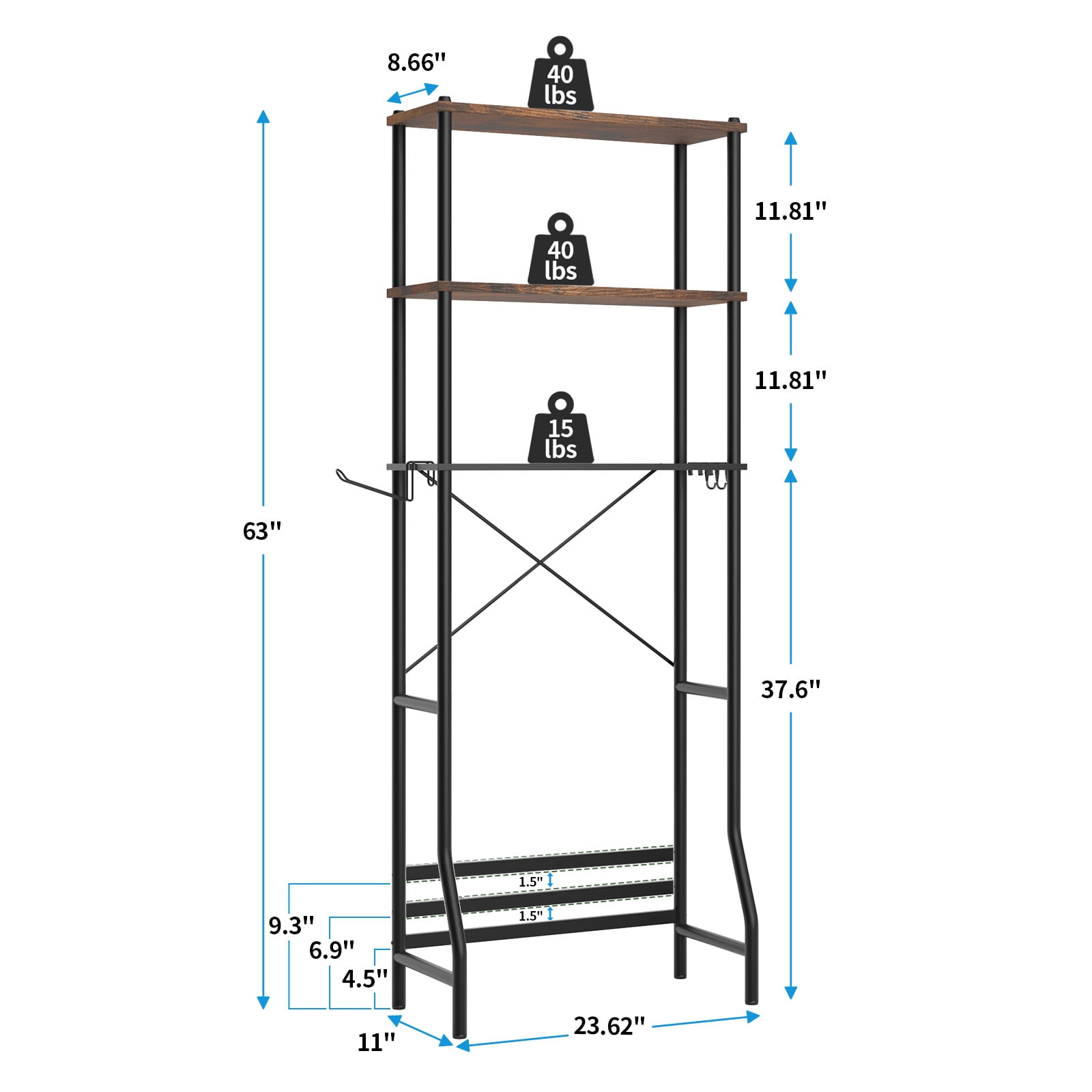 Capri 3-Shelf Over the Toilet Storage, Freestanding Wooden Bathroom Organizers and Storage Shelf, Metal Frame, Space Saver, Rustic Brown