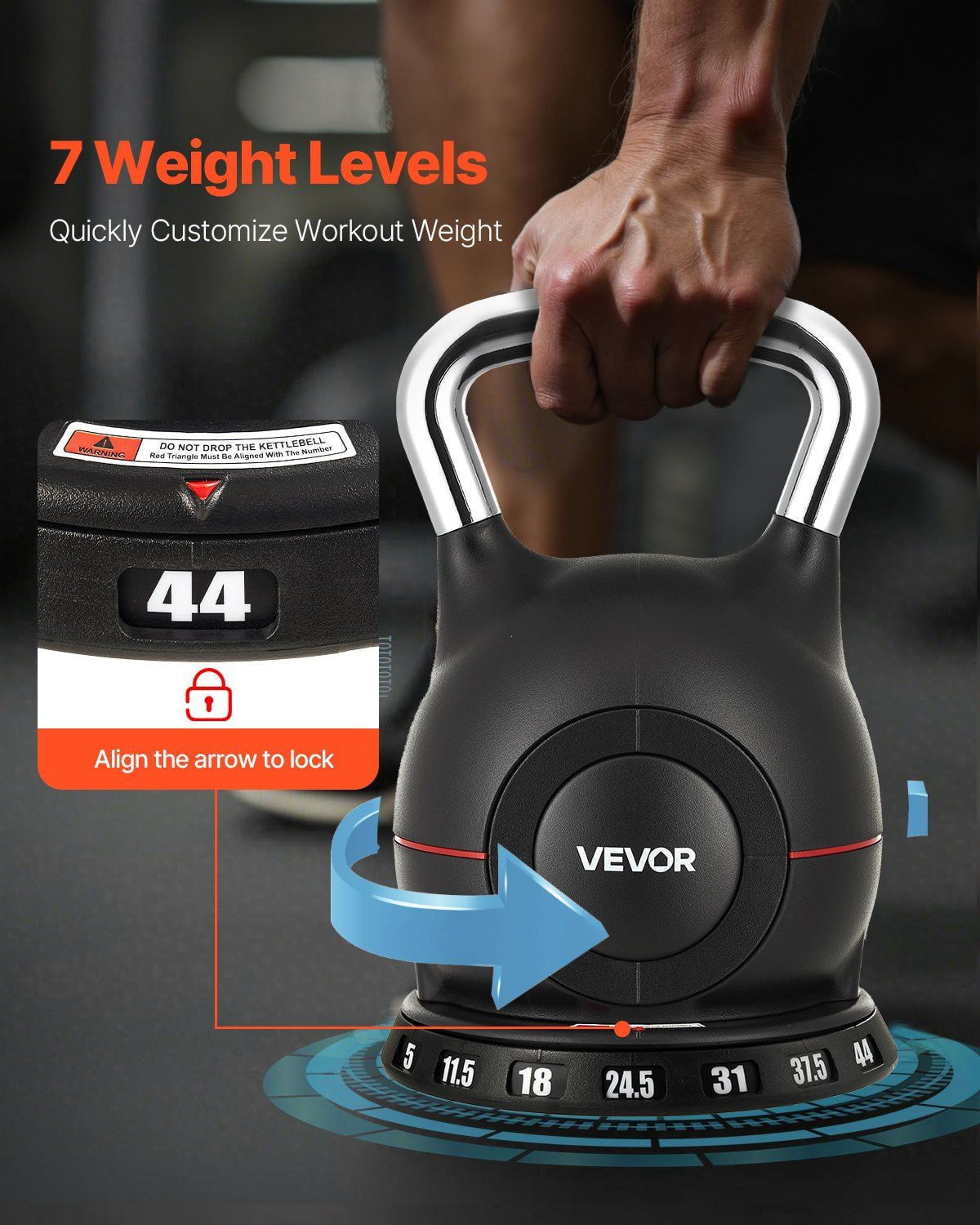 Adjustable Kettlebell with 7 Weight Levels (5-44 lbs), Die-Cast Aluminum & ABS, for Grip Strength, Full-Body Workout and Cross-Training