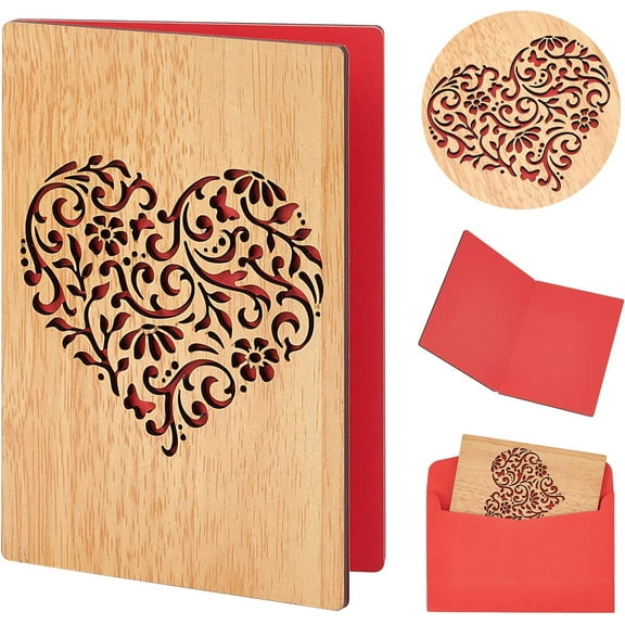 Heart Wood Card Wood Wedding Anniversary Card Hollow Heart Design Handmade Wooden Greeting Card Gifts for Weddings Anniversary Mother S Day Valentine's Day Birthdays Colorful