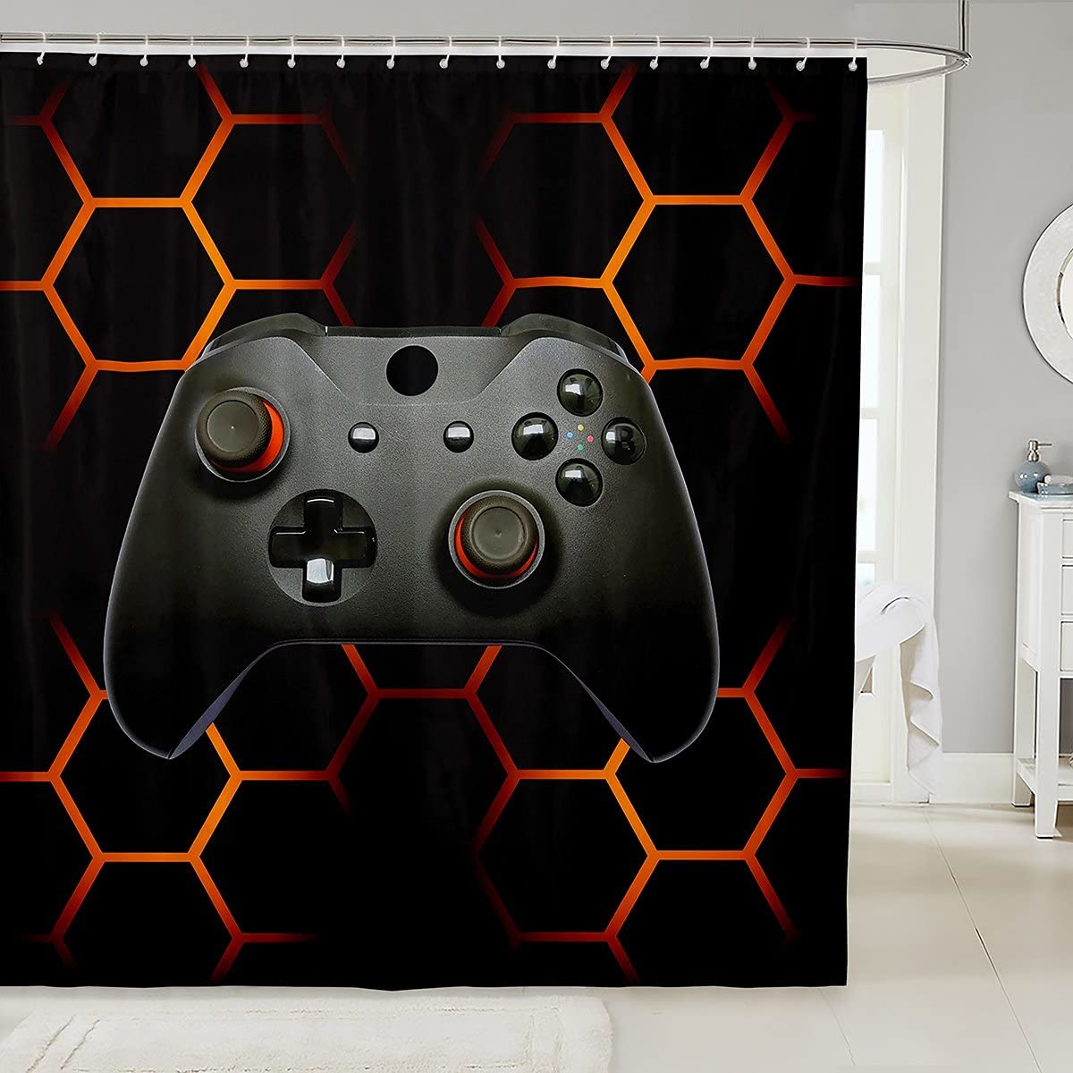 Kids Gaming Bath Curtain Gamepad Gamer Shower Curtain For Boys Orange