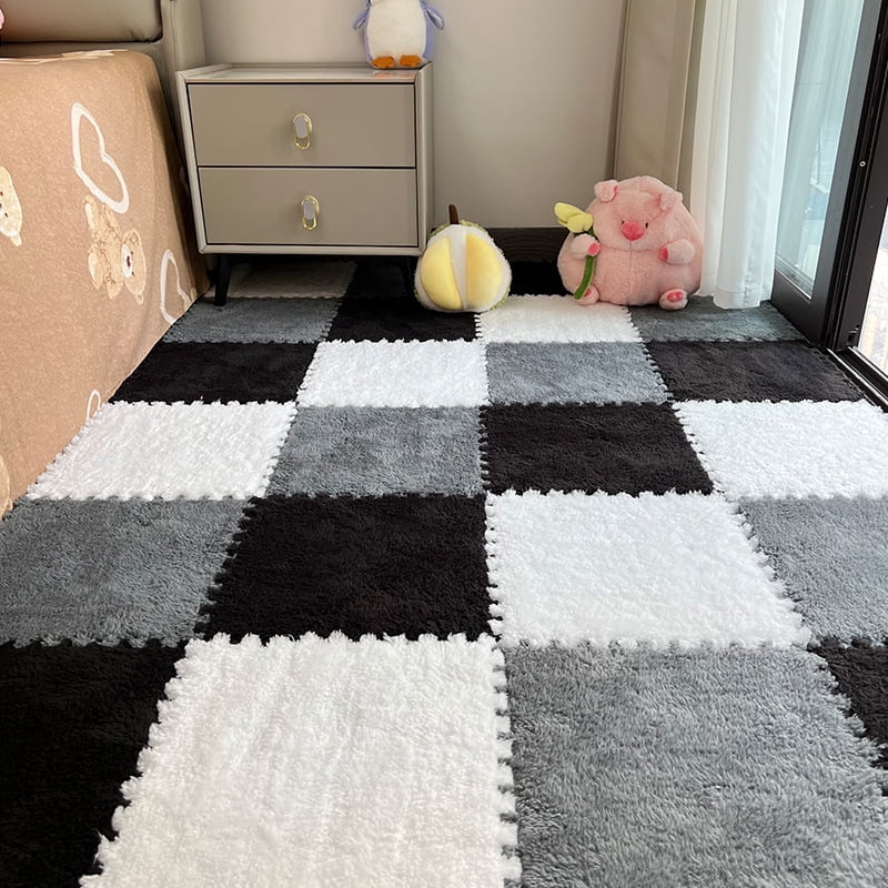 Interlocking Carpet Shaggy Soft EVA Foam Mats Fluffy Square Thickened Plush Tiles Protective Floor Tiles Exercise Play Mat for Children Kids Room Home Parlor Bedroom (Black, 12 Pcs)