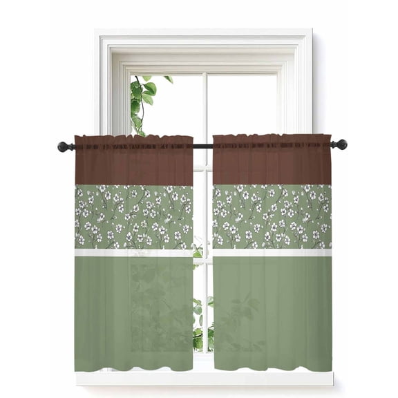 Sage Green Brown Flowers Curtains 45 Inch Length,Sheer Curtains for Bedroom Living Room Window Classic Botanical Art Elegant Rod Pocket Drapes Kitchen Curtains Small Half Window 52"x45" 2 Panels