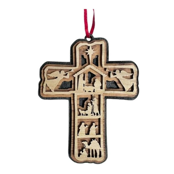 Wooden Christmas Tree Cross Ornaments Religious Nativity Scene Cross Hanging Decoration For Christian Gifts Holiday Decor
