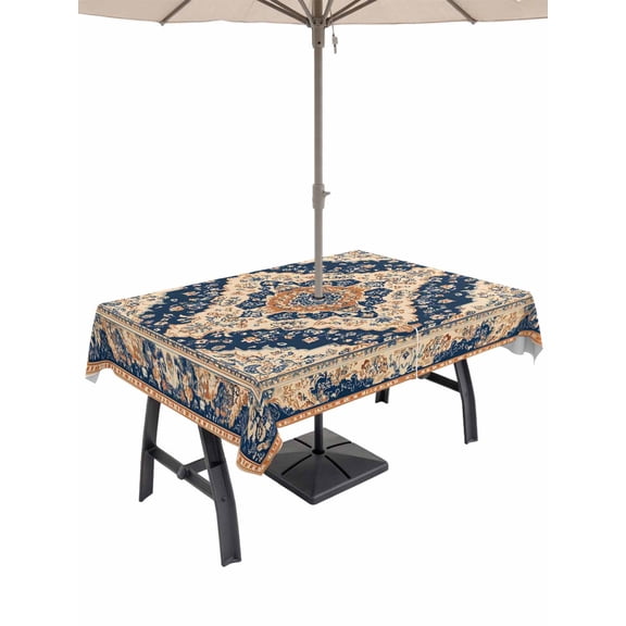 54x80 Inch Outdoor Tablecloth with Umbrella Hole Zipper Rectangle Orange Blue Southwestern Rectangular Tablecloths Outside Waterproof Antique Boho Farmhouse Ethnic Patio Table Cover for Picnic Party