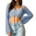 thumbnail image 2 of Crochet Bolero Shrugs for Women 2026 Y2K Hollow Out Long Sleeve See Through Cropped Knit Sweater Tops Sky Blue S, 2 of 6