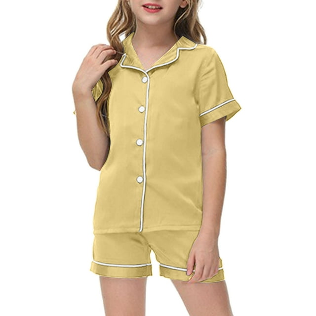 Teen Girls Silk Pajamas Set Solid Printed Button Down Solid Tops T Shirt Shorts 2PCS Summer Classic Loungewear Pajamas For Girls 10-12