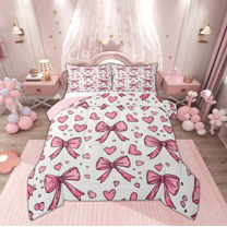 Manfei Kawaii Bowknot Kids Full Size Comforter Sets, Cartoon Pink Ribbon Bedding Comforter Set, Princess Theme Reversible Bedding Sets, Ultra Soft Home Decor, 3pcs