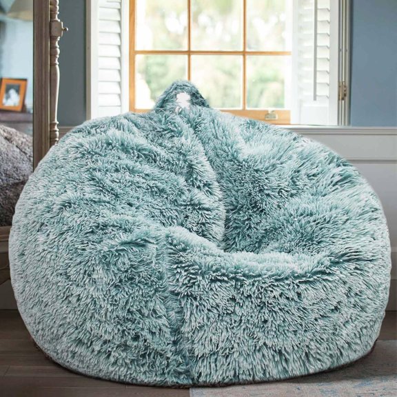 Faux Fur Stuffed Animal Storage Bean Bag Chair Cover for Adults Teens Kids Size L Dark Green