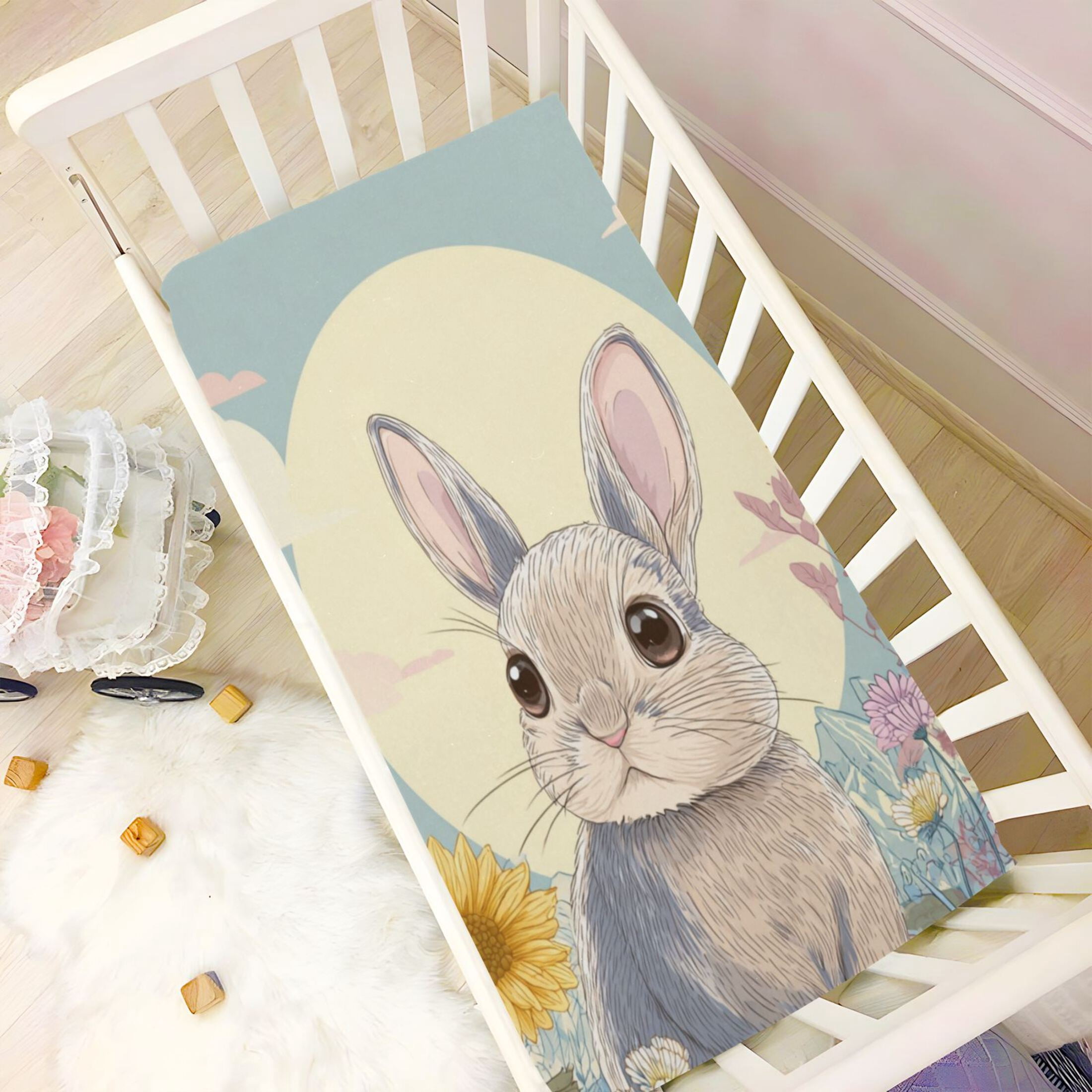 Baby Essentials 52”x 28”- Standard Cotton-like Modal Elastic- Cute Cartoon Rabbit Design Crib Sheets for Newborns and Toddlers