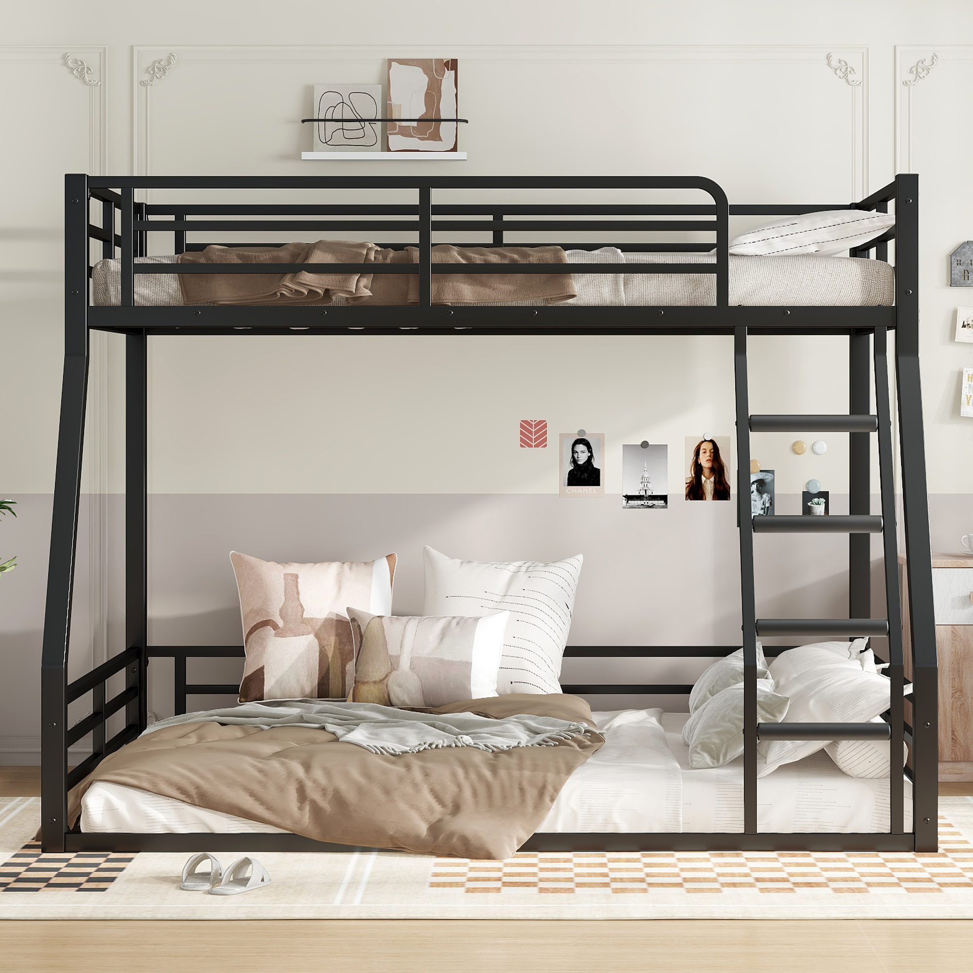 Twin over Full Metal Bunk Bed,Floor Bunk Bed with Sturdy Metal Frame,Noise-reduced Design, Black
