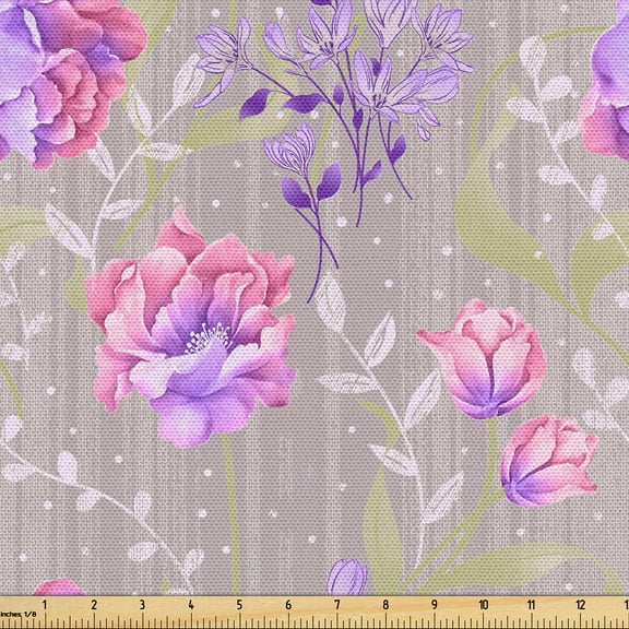 Ambesonne Floral Fabric by the Yard Upholstery, Repeating Art Roses Branches, 1 Yard, Lilac Rose and Off White