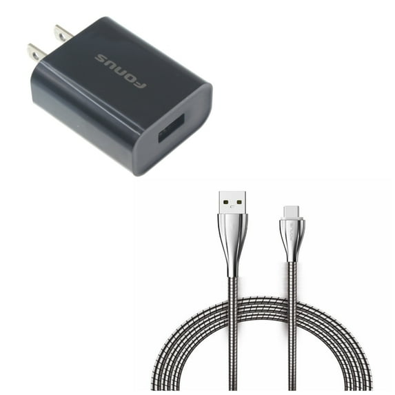 Type-C 6ft Metal USB Cable w USB 18W Quick Home Charger E6K for LG Google Nexus 5X, G8 ThinQ, G Pad X II 10.1, Stylo 5 4 - Microsoft Surface Go (10") - Motorola One Zoom, Moto Z4 Z3 Play