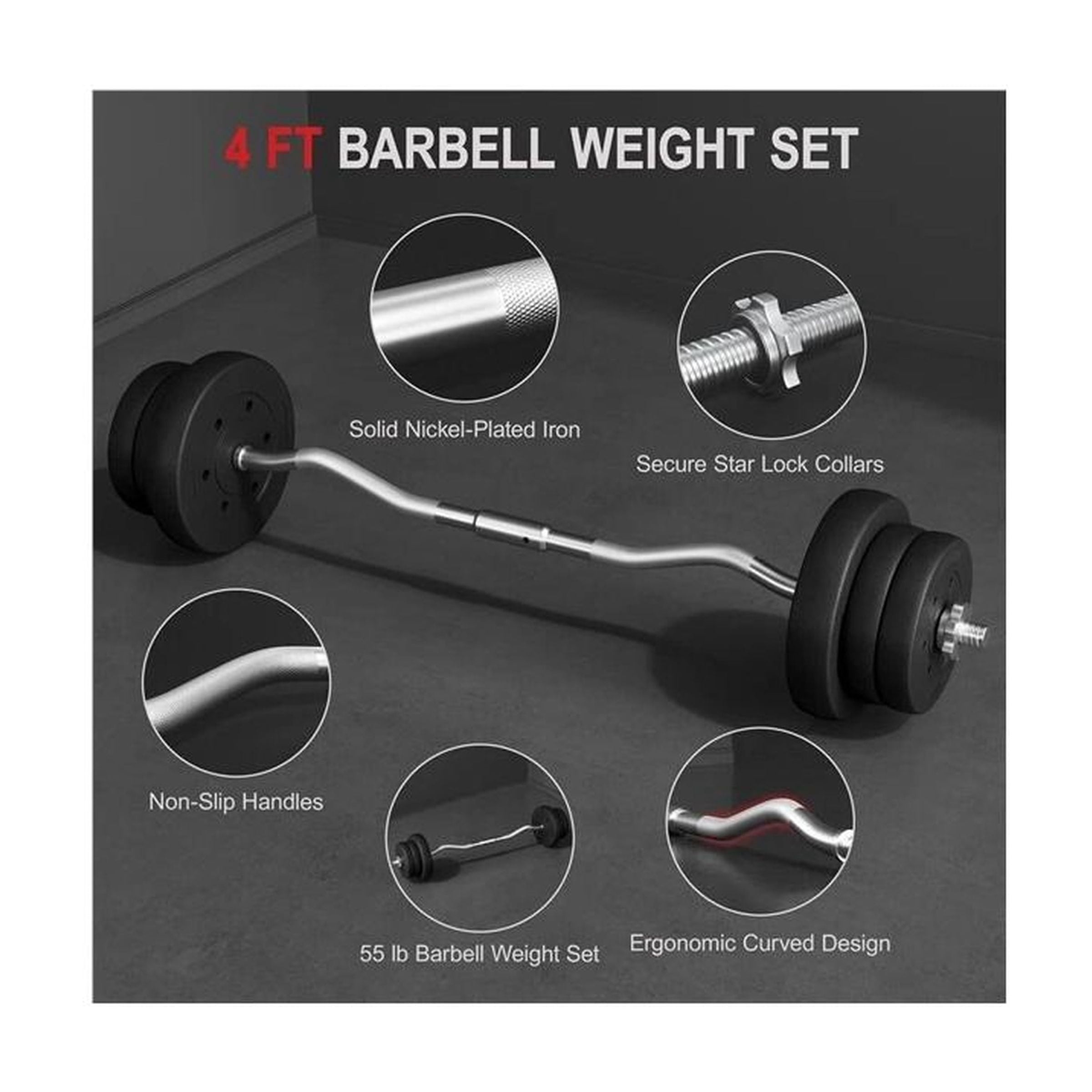 55lb Curl Barbell Set Dumbbell Weight Set Gym Lifting Exercise Curl Bar Black