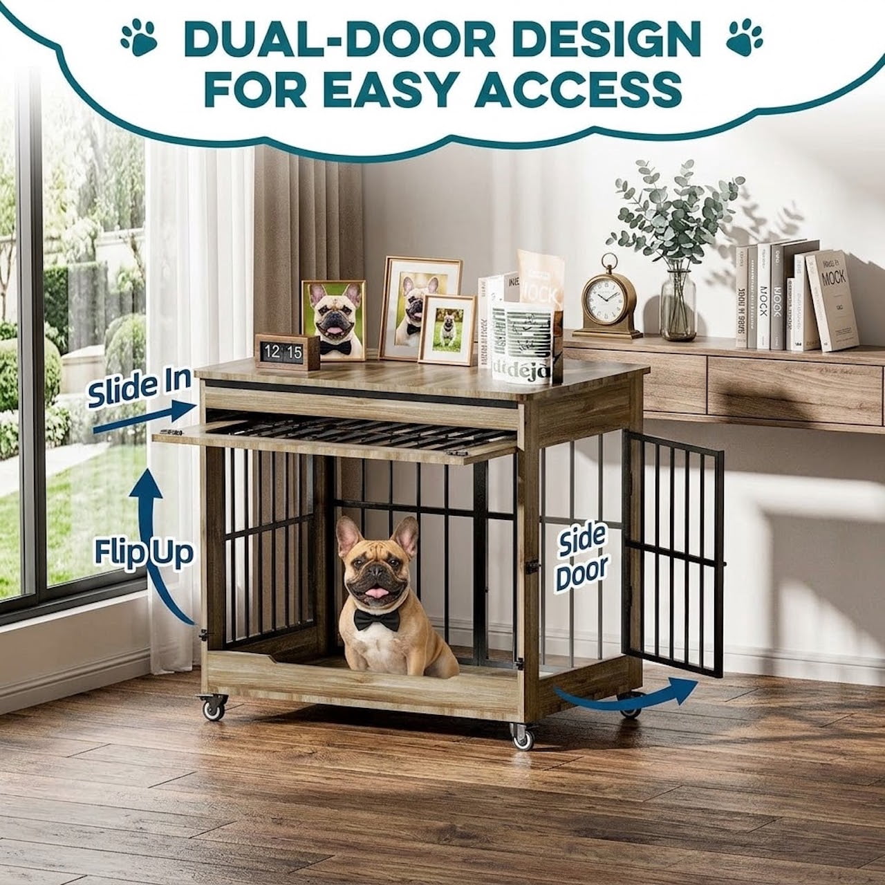 Xiweot 32" Dog Crate Furniture, Wooden Dog Kennel with Double Doors & Wheels, Indoor Pet Cage End Table for Small & Medium Dogs, Dog Kennel Furniture with Privacy Curtain, Size M, GREIGE