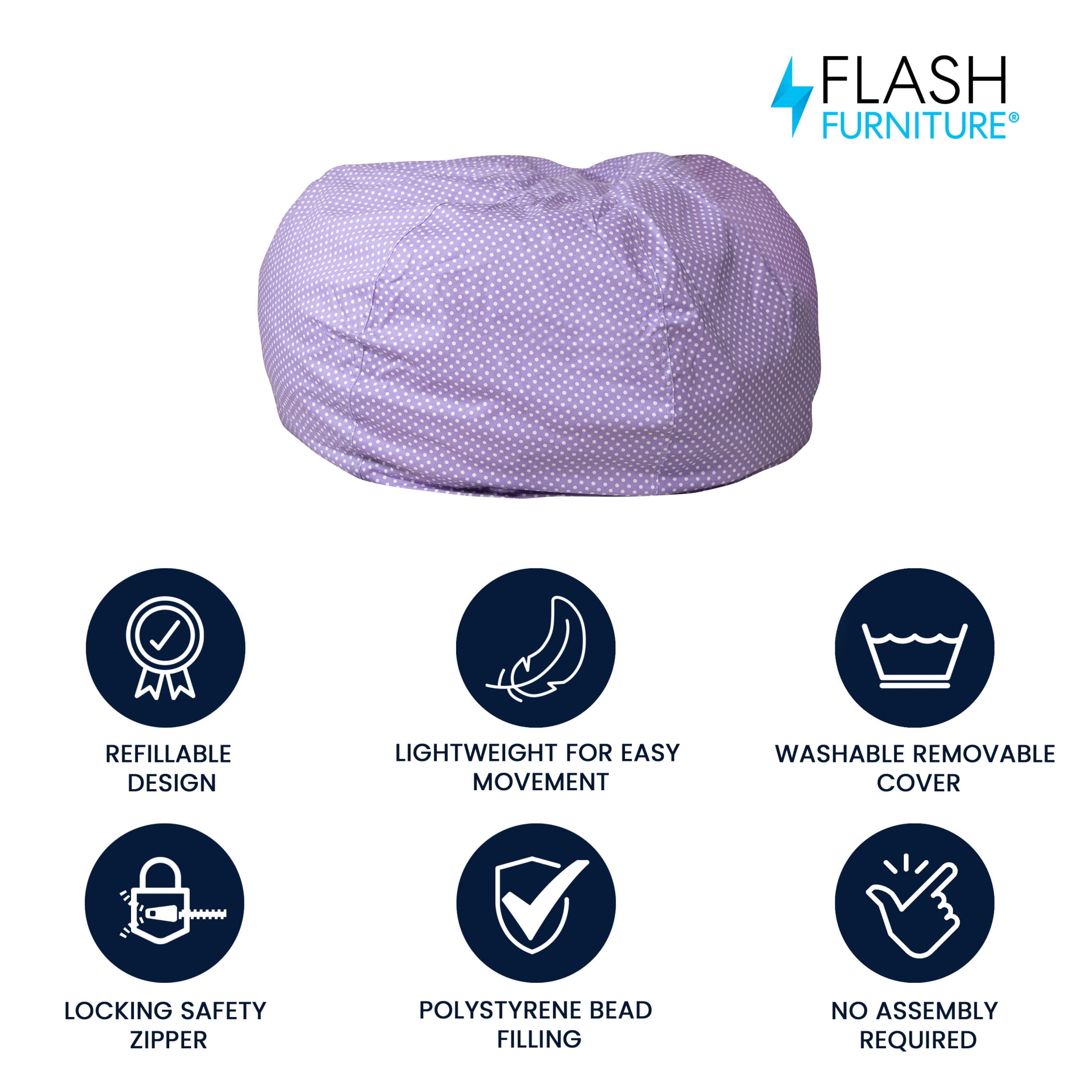 Flash Furniture Duncan Oversized Lavender Dot Refillable Bean Bag Chair for All Ages