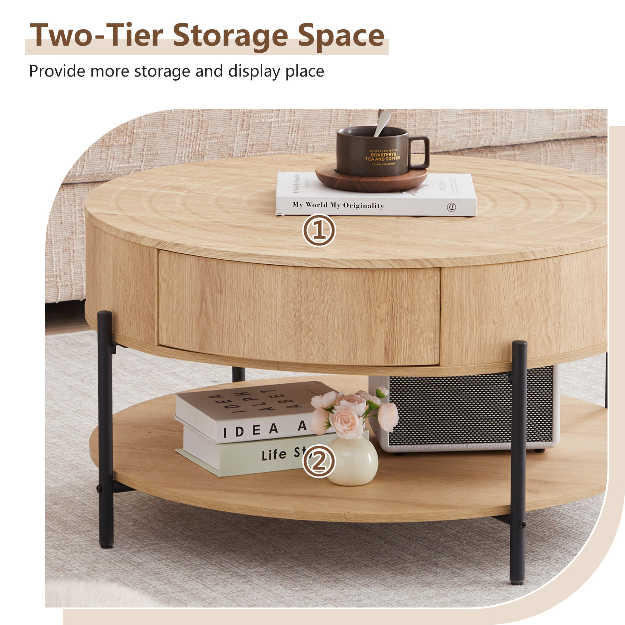 Wirrytor 30" Round Coffee Table with 2 Drawers and Storage Shelf, Modern Farmhouse Tea Table with Natural Tree Rings Top, Natural