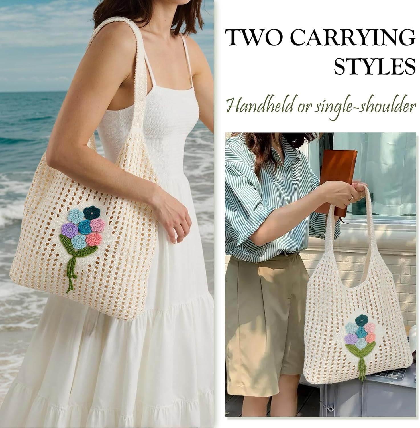 Crochet Mesh Beach Tote Shoulder Handbags Hobo for Women Summer Vacation Shoulder Bag Soft Y2k Purses for Travel