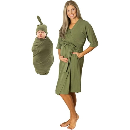 

Baby Be Mine Maternity Mommy & Me Delivery Robe with Matching Baby Swaddle Blanket & Hat Set Pregnancy Robe For Women Nursing Robe Maternity Robe