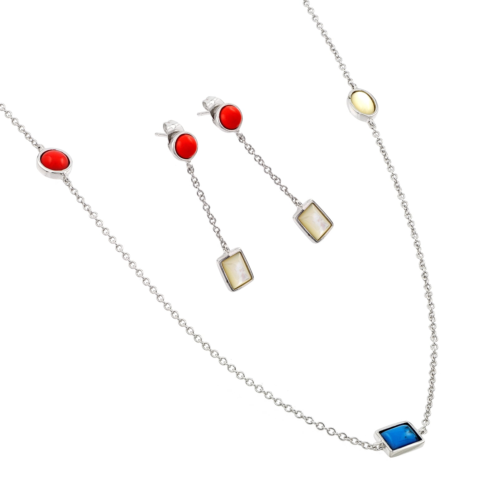 Sterling Silver Rhodium Plated Turquoise, Coral, White Abalone Shell Dangling Stud Earring & Necklace Set (Silver... by DiamondBuy