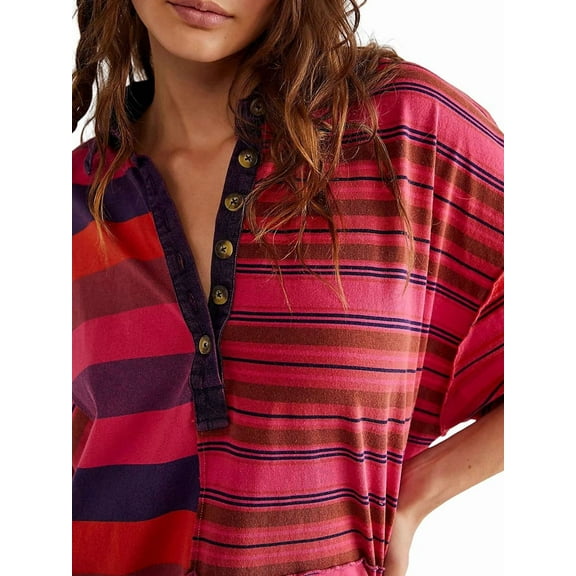 Women Contrast Striped Babydoll Y2k Summer Patchwork T- Shirt Dress Vintage V Neck Short Sleeve Dress Rose Red M