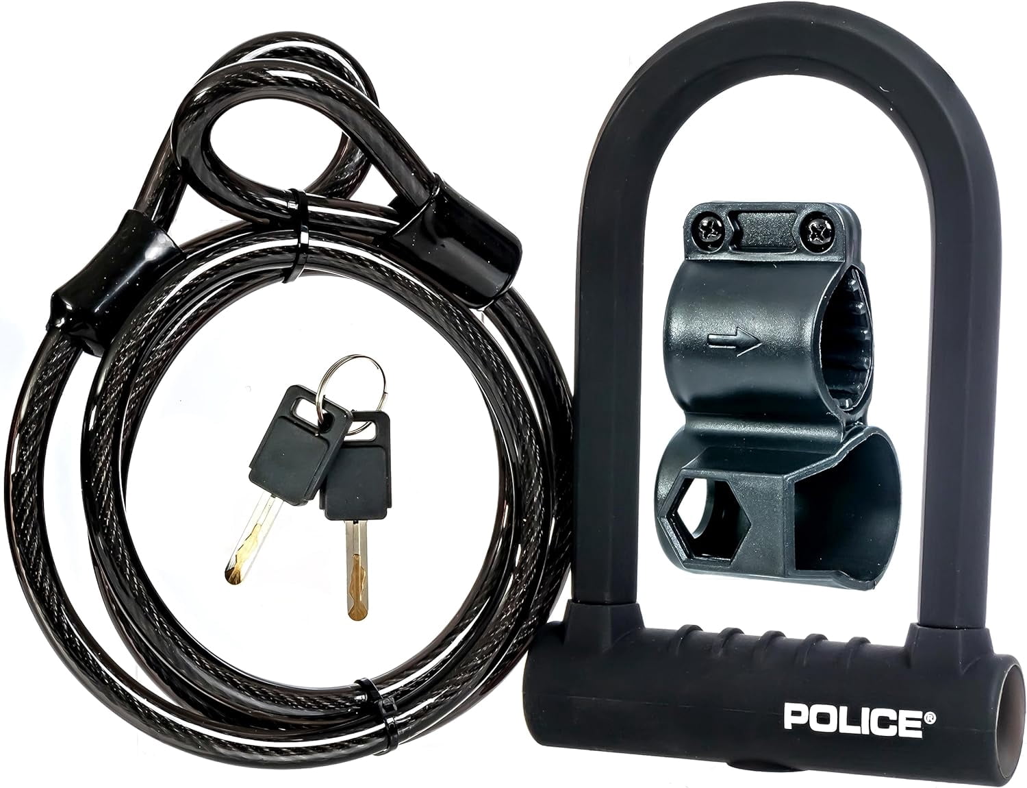 POLICE U-Lock Bike Lock with Key, U-Lock for Bicycles, Lock for Scooters, Outdoor Equipment Silicone-Coated Bike Lock with Cable Heavy Duty Black
