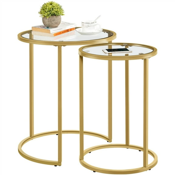 Round Nesting End Table Set of 2, Sofa Side Table with Metal Frame and Glass Top