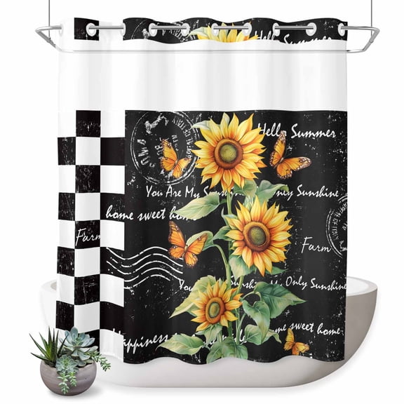 No Hook Shower Curtain with Built-in Rings - Vintage Sunflower Butterfly Washable Waterproof Fabric Bathroom Curtains for Hotel,Rentals, 72 X 78 Inch Long , Farmhouse Black White Checkered Plaid