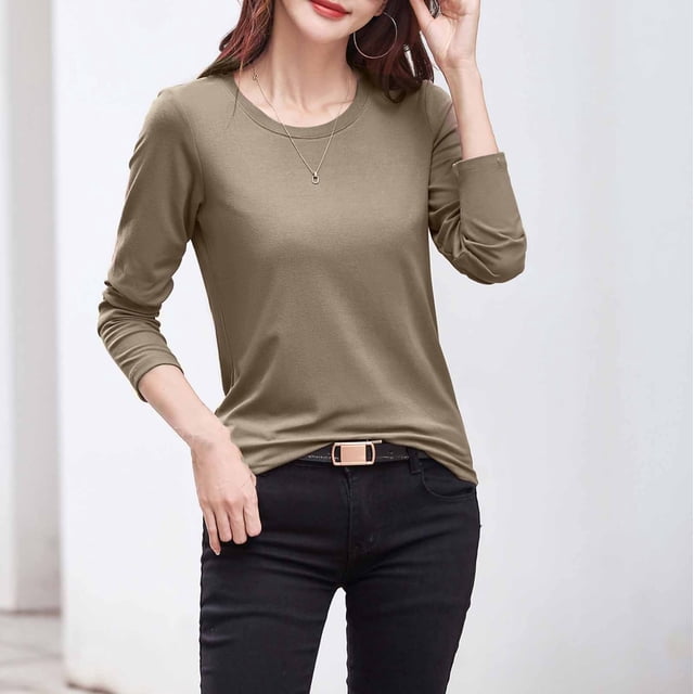 RXIRUCGD Hauts pour Femmes 2024 Col Rond Couleur Unie Chandail de Base Intérieur Haut/chemise à Manches Longues à Col Rond, Kaki, Taille : L