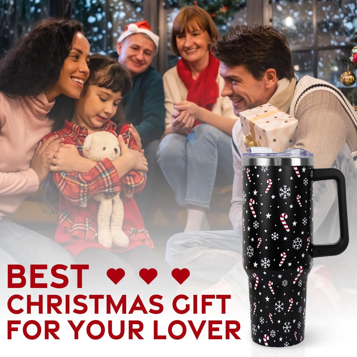 Christmas Tumbler with Handle and Straw Lid 40 oz,Cute Christmas Gifts for Women Candy Cane Snowflakes Vacuum Insulated Leak Proof Tumbler,Winter Holiday Accessories Stainless Steel Coffee Cup Mug