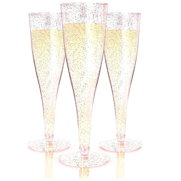 Prestee 24 Piece Plastic Champagne Flutes - 4.5 oz Plastic Wine Glasses with Rose Gold Glitter - Cocktail Glasses for Pa