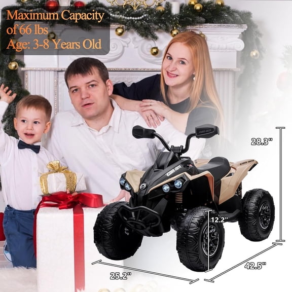Acekid 12V Ride on ATV 4 Wheeler Battery Powered Electric Vehicle 5mph Max Speed with LED Light Metal Suspensions Music USB Khaki