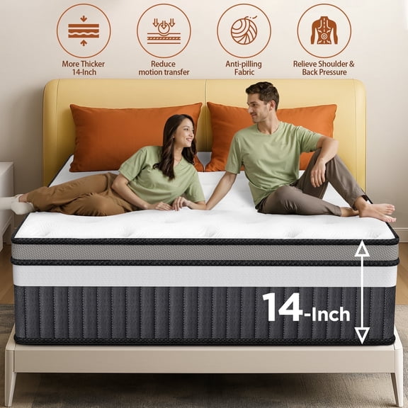King Size Mattress, 14 Inch Hybrid Memory Foam & Pocket Spring Mattress for Motion Isolation & Silent Sleep, Medium Comfort, Pressure Relieving, Breathable & Supportive, CertiPUR-US Certified