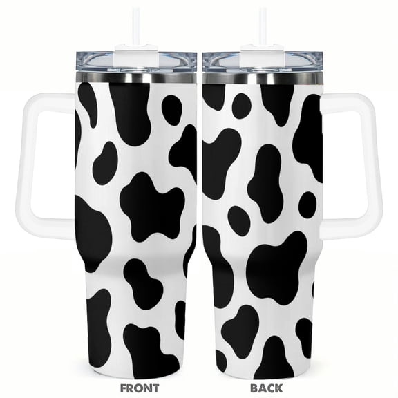 40oz Cow Print Travel Tumbler Insulated Car Cup with Handle and Straw Stainless Steel Large Capacity Coffee Cup Black and White Animal Pattern Gift