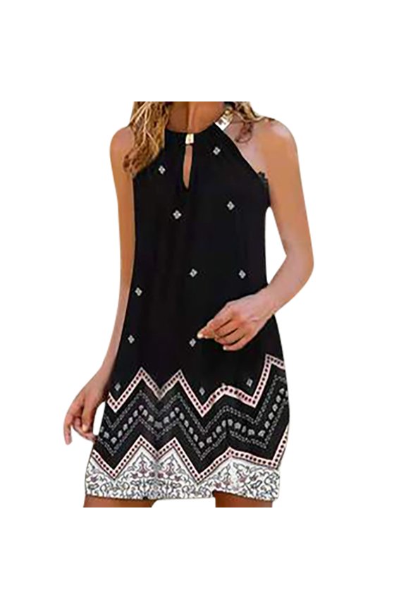 Women's Summer Casual Fashion Metal Hanging Neck Print Sleeveless Dress Black S