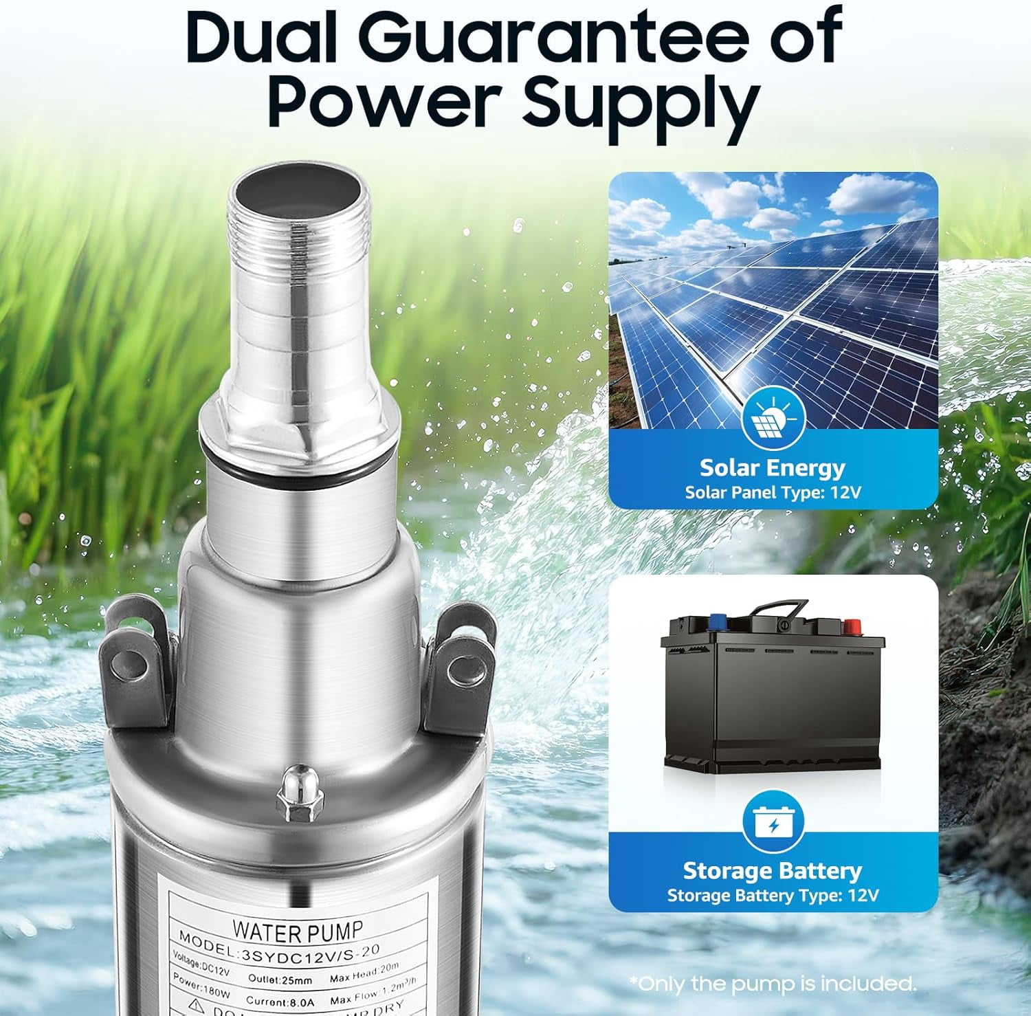 Solar Water Pump, 12V DC Submersible Deep Well Pump, Max. Head 65.62Ft, Max. Flow Rate 42.38Ft³/ h, W/55.77Ft Power Cord, Water Pump Powered by Solar or Battery for Well