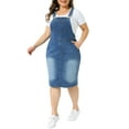 thumbnail image 4 of Agnes Orinda Women's Plus Size Denim Overalls Dress Vintage Adjustable Strap Pinafore Back Slit Casual Midi Bib Jean Dress with Pockets 1X Blue, 4 of 6