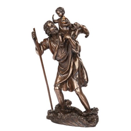 Child Bronze Figurine - 10 Inch Saint Christopher with Child Bronze Finish Statue Figurine