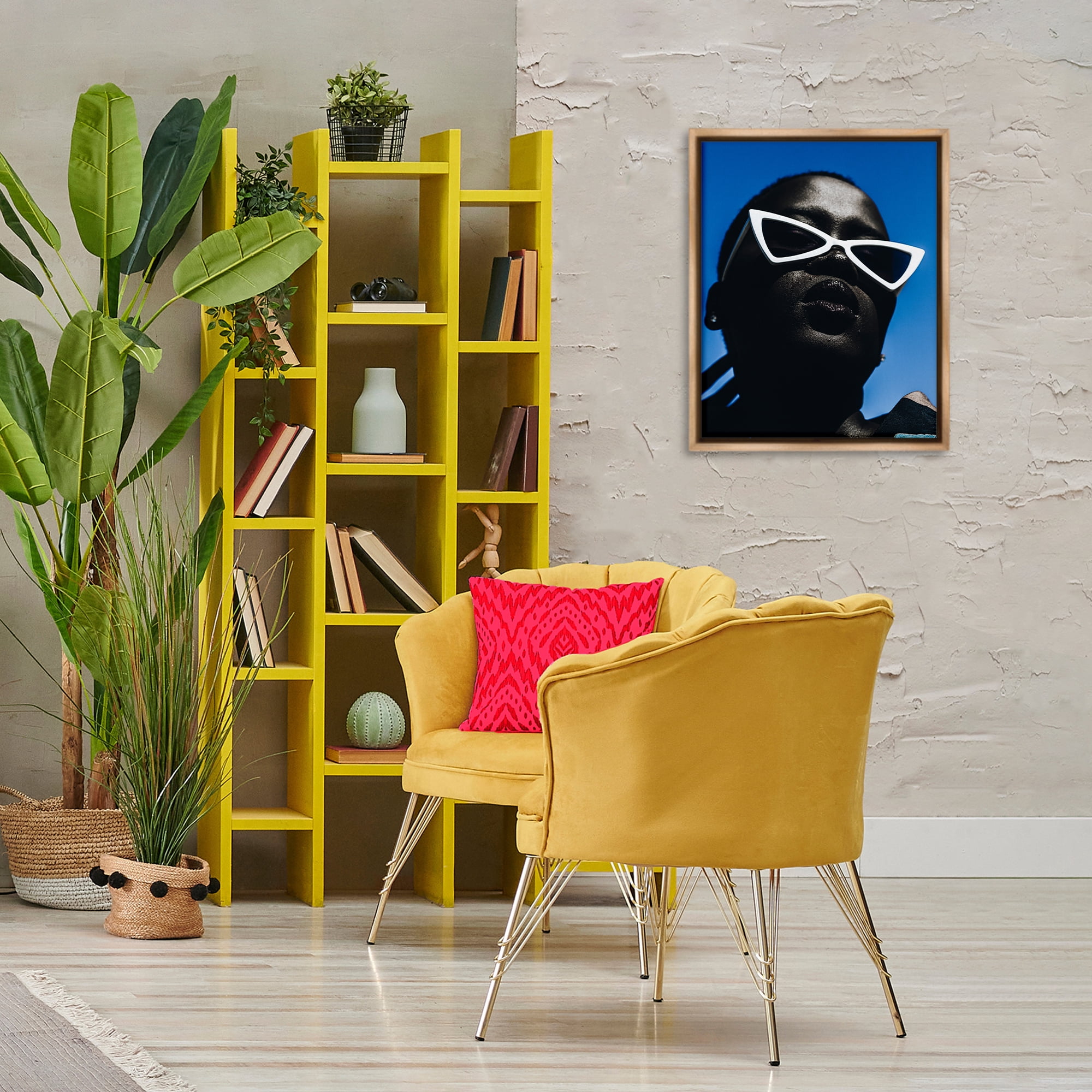 Stupell Industries Stylish Sunglasses on Blue People Photography Brown Floater Framed Canvas Art Print Wall Art, 17 x 21