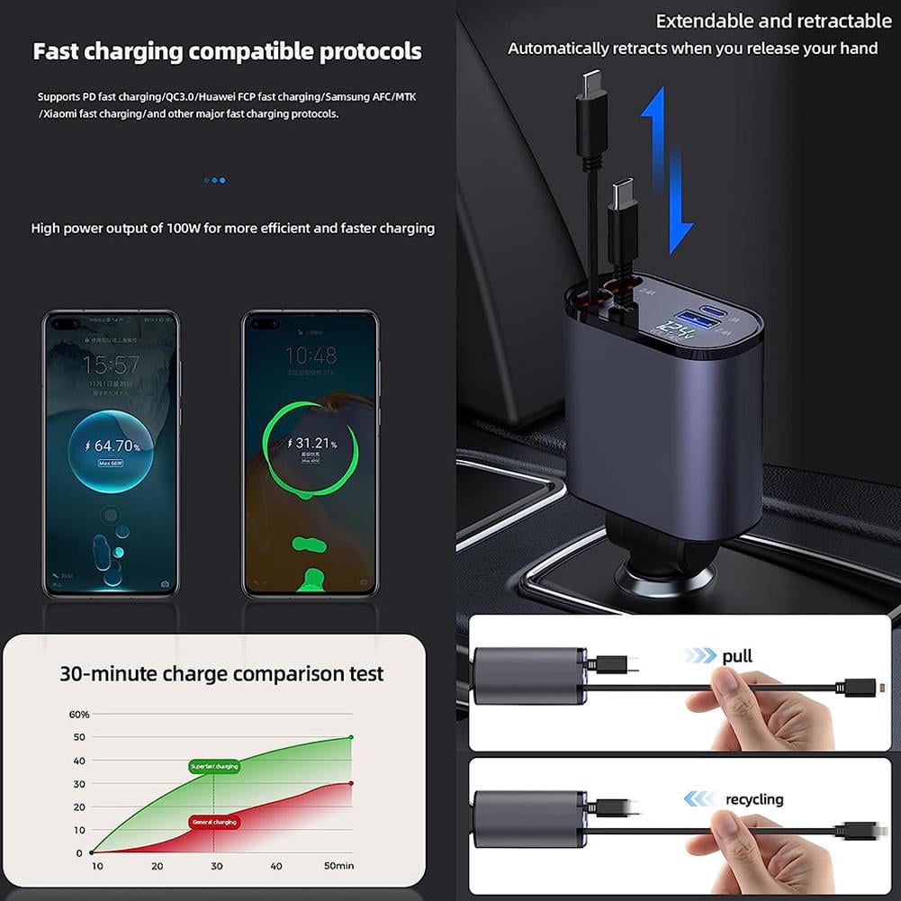 4-in-1 Car Charger with Dual Retractable Cables Dual USB-C PD Fast Charging Ports,Car Plug Adapter with Voltage Display,Matte Plastic Flat-Shaped 50-80W Power Output,Multi-Port USB Car Charger Adapter