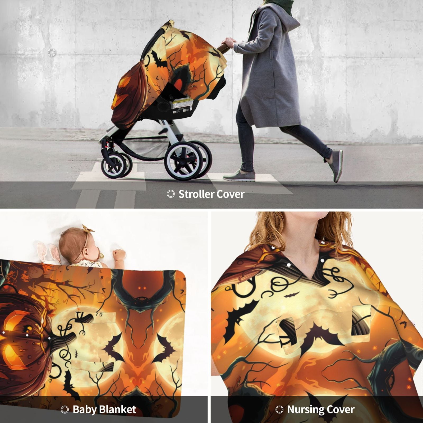 Car Seat Cover Baby - Halloween Full Moon Pumpkin Bat (2) Breathable Infant Car Seat Cover for Baby Carseat, Lightweight Comfort Baby Essentials Must Haves Newborn Stuff for Girl Boy
