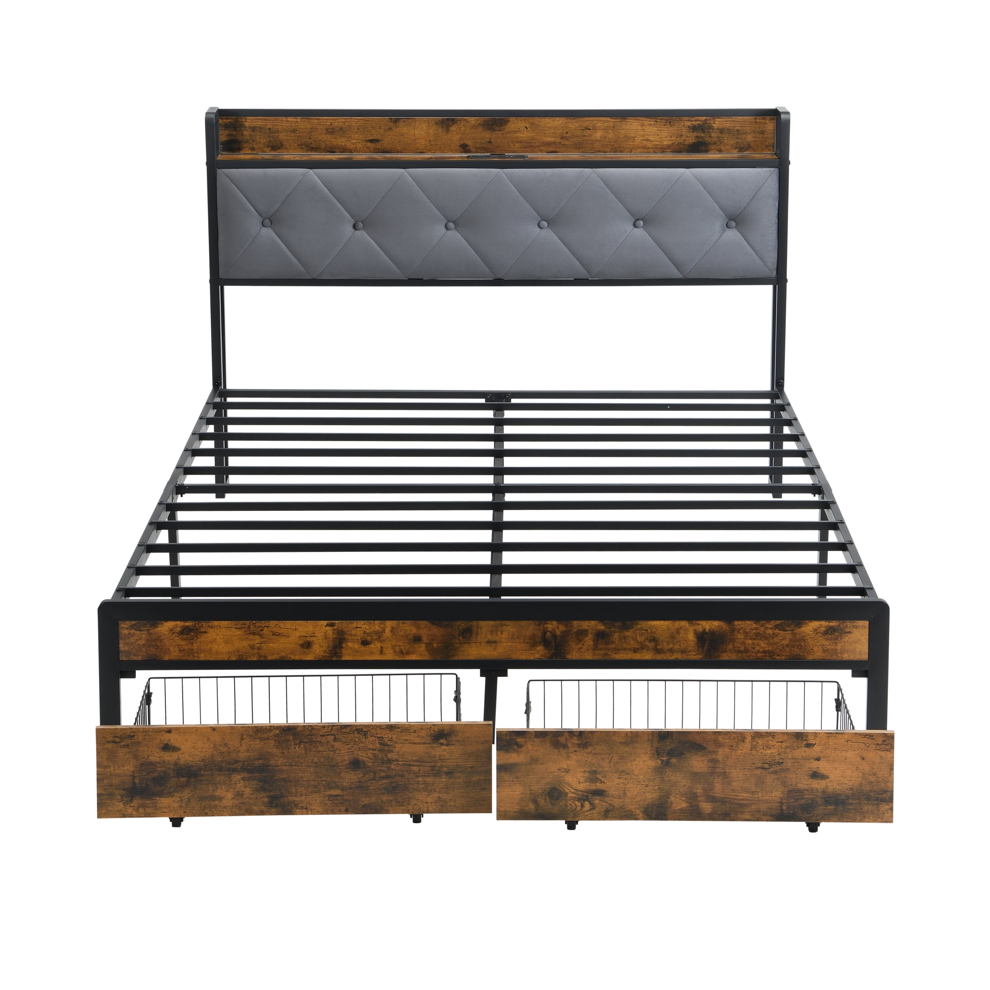 Leumius Queen Size Bed Frame with LED Lights, Metal Platform Bed with Upholstered Headboard & 2 Drawers, USB & Charging Station, Queen