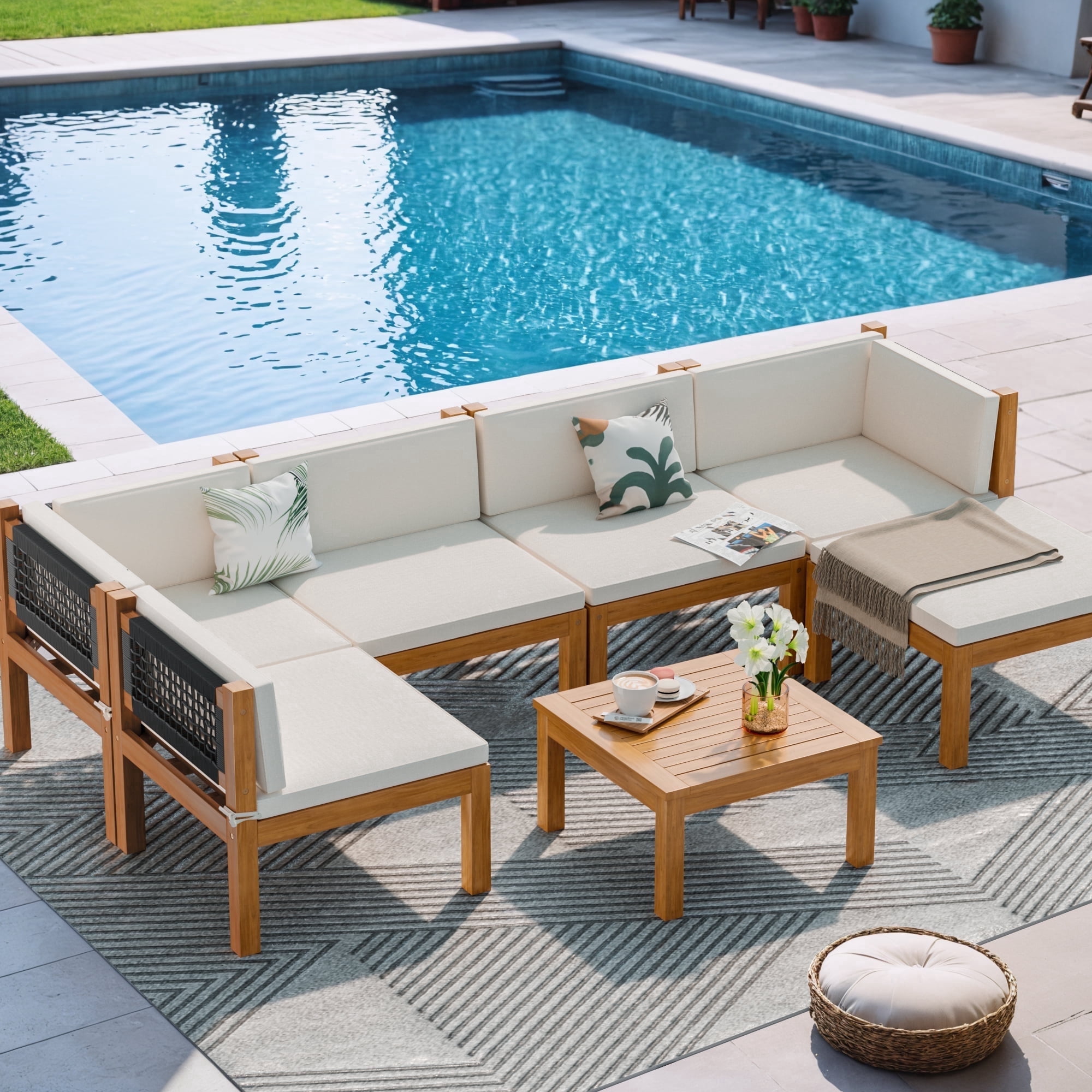 Homall 7 Pieces Outdoor Furniture Set, Patio Conversation Set Acacia Wood Outdoor Furniture Set, All Weather Outdoor Sofa Set with Coffee Table, Beige