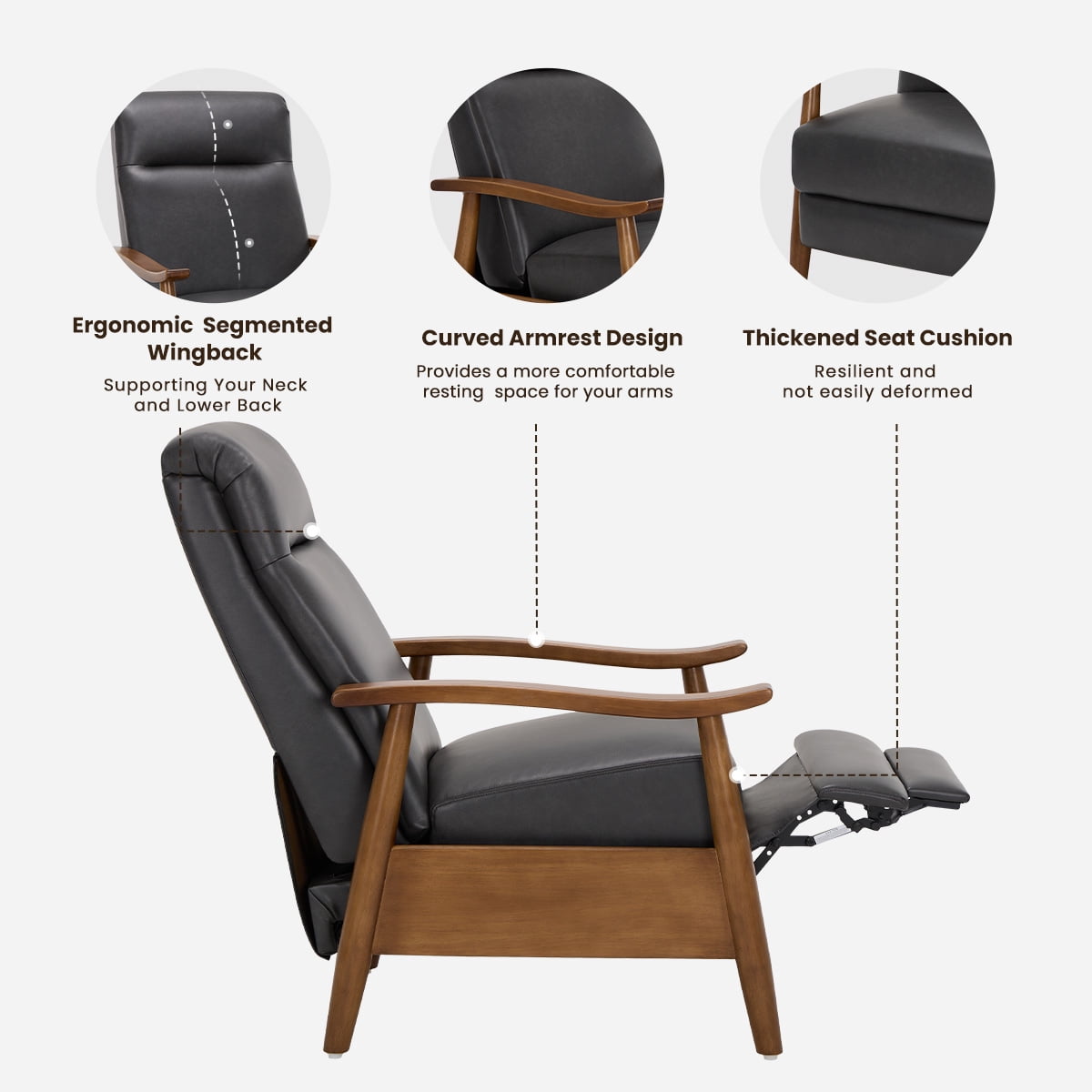 AFO Mid Century Modern Recliner Chair Set of 2, Leather Push Back Armchair with Retractable Footrest, Solid Wood Legs, High Back Lounge Chair for Living Room, Black
