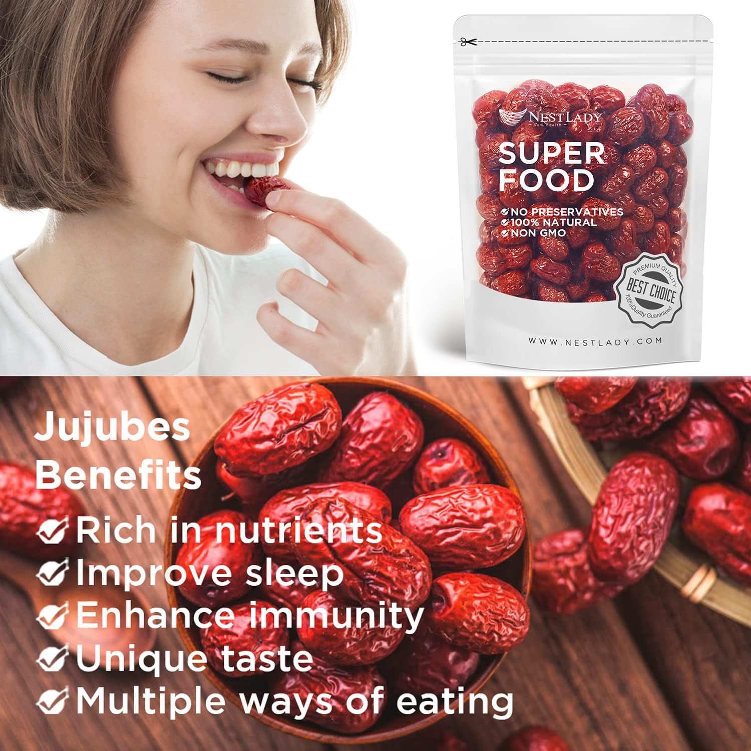 NESTLADY Jujube Date, Red Date, 100% Natural, Health Snack, Sweet and Chewy Net weight: 454g (1LB),Packed in USA