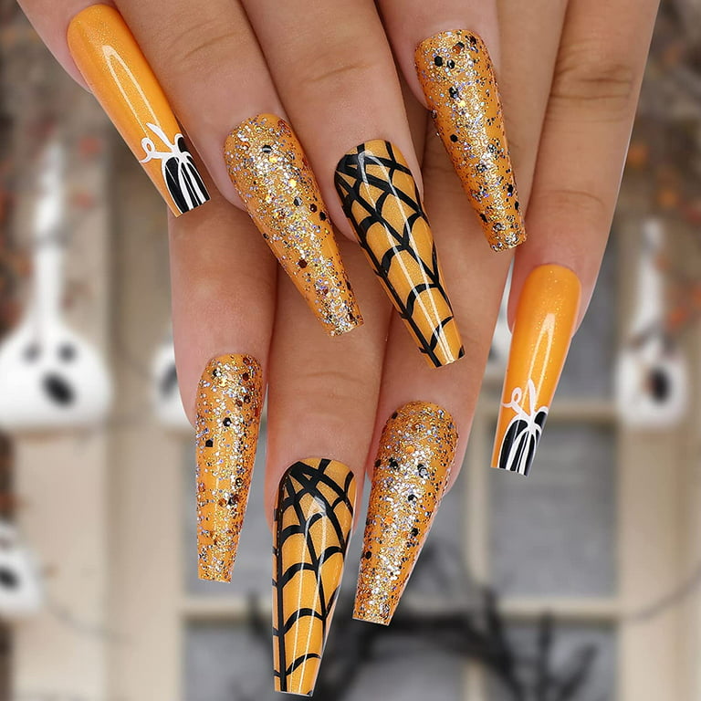 24pcs Halloween False Nails Long Coffin, White Tip French Stick on