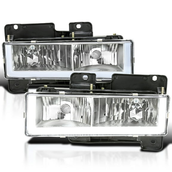 Spec-D Tuning Chrome Headlights w/ LED Light Bar Compatible with 1988-1998 Chevy GMC C10 C/K 1500 2500 3500, Suburban, Tahoe, Silverado, Sierra, L R Pair Head Light Lamp Assembly