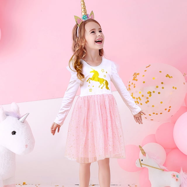 AAMILIFE Robe Princesse pour Filles Unicorn à Paillettes à Manches Longues Robe d'Automne Robe d'Anniversaire pour Enfants Robe de Mariage en Tulle Vêtements pour Enfants